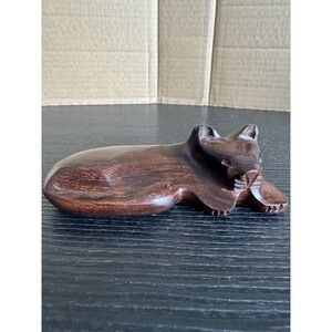Sleeping  Cat Figurine Ironwood Carved Wood Dark Brown 4.25" Hand Carved